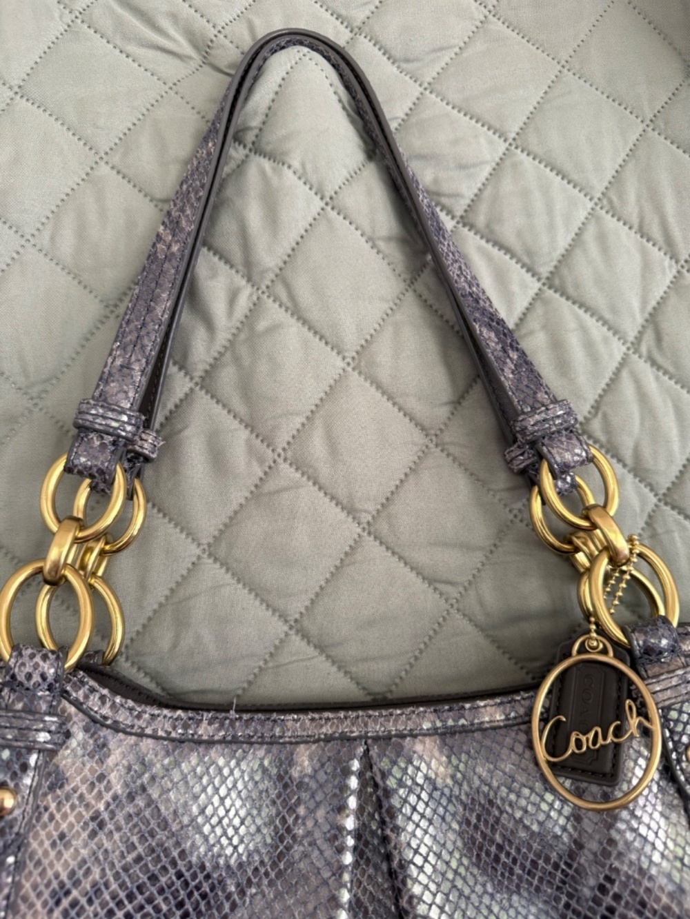 Coach Alexandra Python-Embossed Blue/Gray Shoulder Bag with Gold Hardware. EUC. - Picture 4 of 10